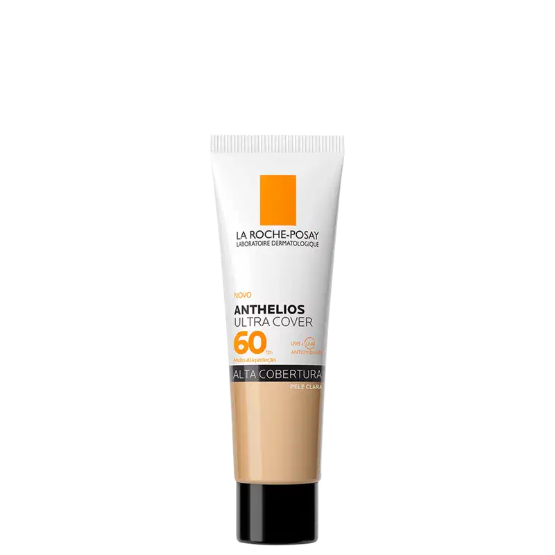 Tubo de protetor solar da marca La Roche-Posay, com embalagem branca e laranja, rotulado como "Anthelios Ultra Cover SPF 60", indicando alta proteção solar.