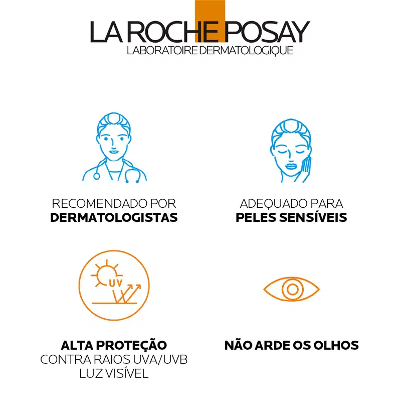 LA ROCHE POSAY LABORATOIRE DERMATOLOGIQUE
RECOMENDADO POR DERMATOLOGISTAS
ADEQUADO PARA PELES SENSÍVEIS
ALTA PROTEÇÃO CONTRA RAIOS UVA/UVB LUZ VISÍVEL
NÃO ARDE OS OLHOS