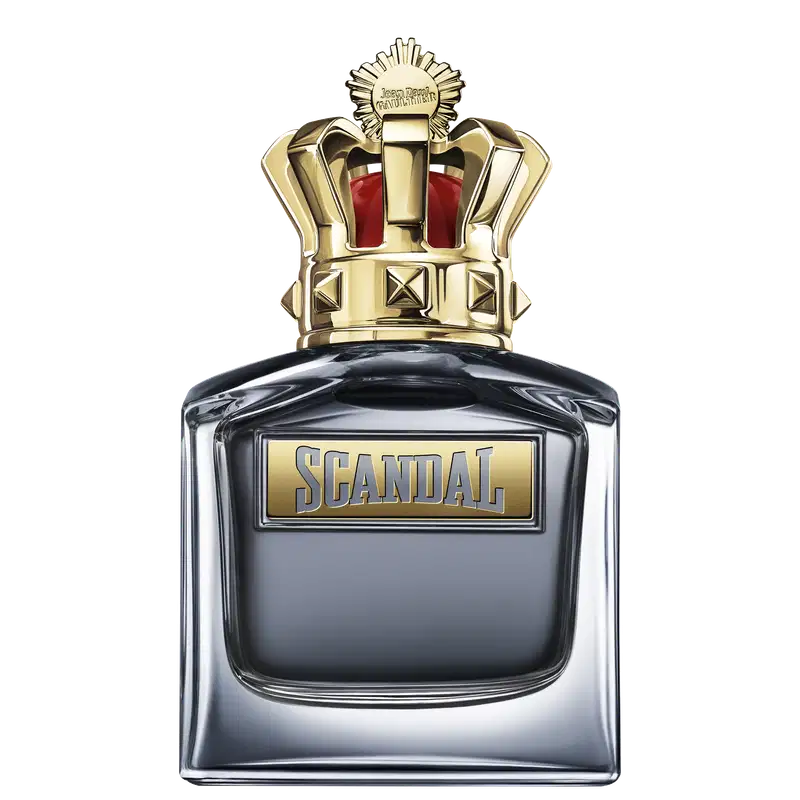 Frasco de perfume Jean Paul Gaultier Scandal, com design elegante em tons de preto e dourado. Embalagem com coroa dourada no topo, destacando o nome da fragrância em letras douradas.