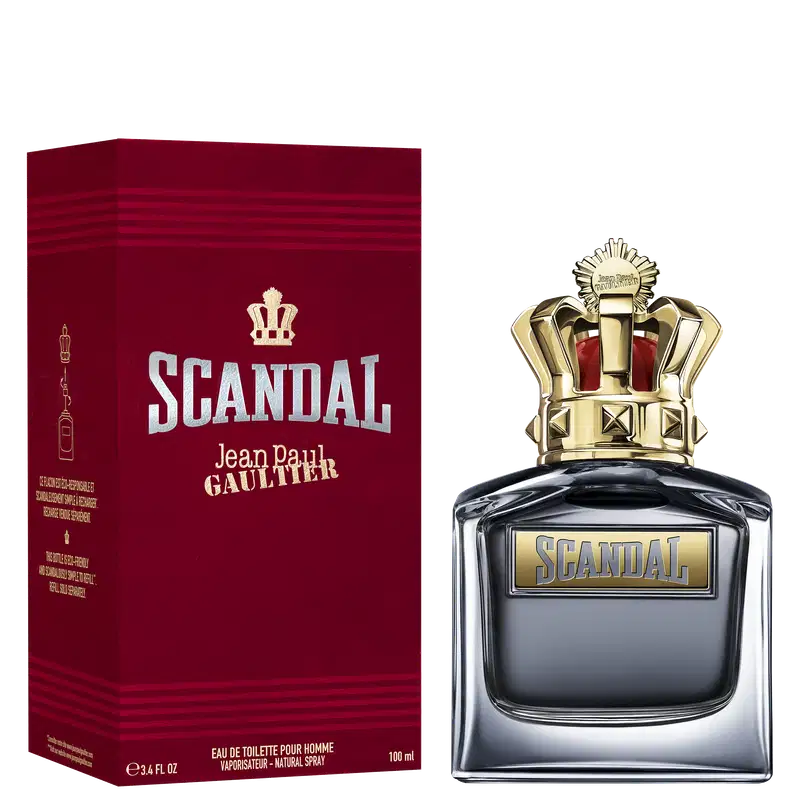 Frasco de perfume Jean Paul Gaultier Scandal, com design elegante em tons de preto e dourado. Embalagem com coroa dourada no topo, destacando o nome da fragrância em letras douradas.