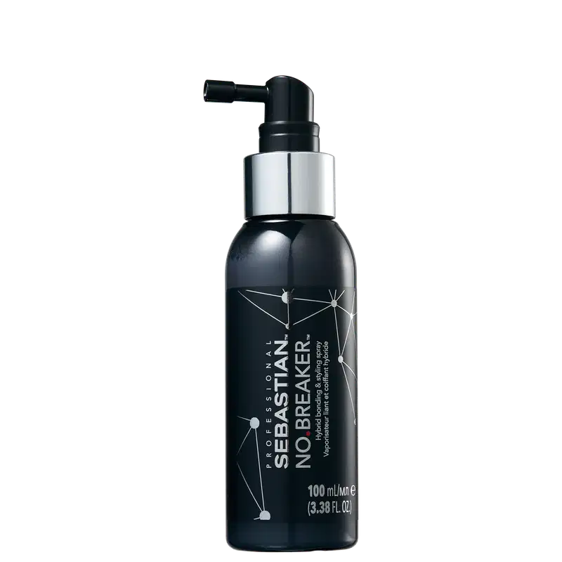 Produto de tratamento capilar Sebastian Professional No Breaker. Frasco preto e prata com 100 ml de capacidade. Embalagem cilíndrica com bico dosador preto.