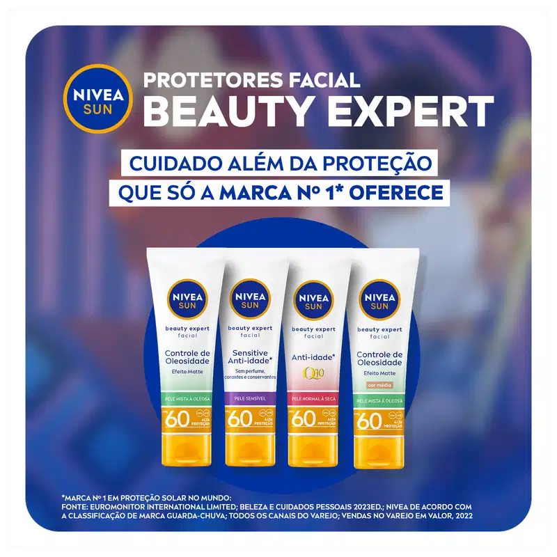 Quatro protetores solares faciais Beauty Expert da marca NIVEA Sun: Controle de Oleosidade Efeito Matte, Sensitive Anti-idade, Anti-idade Q10, e Controle de Oleosidade Efeito Matte com cor. Os tubos apresentam o fator de proteção solar 60.