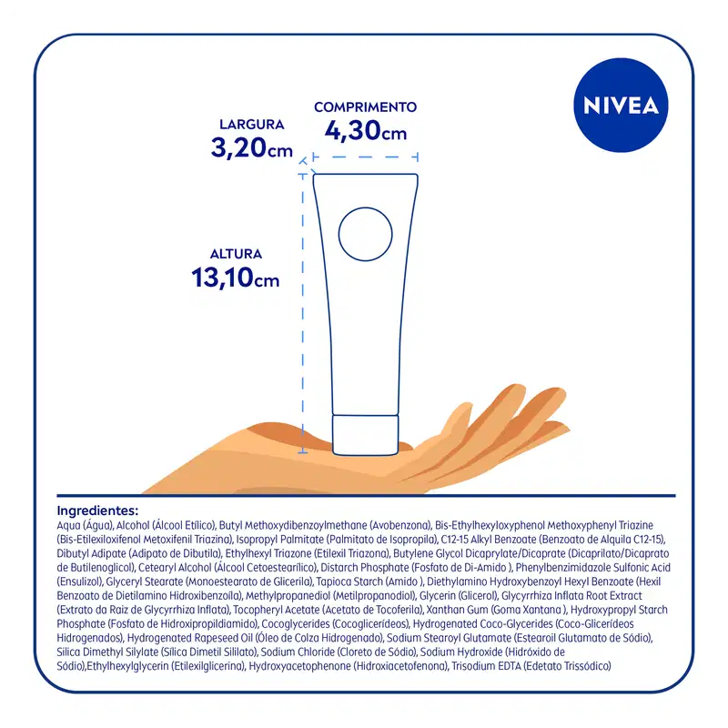 As dimensões do tubo são fornecidas: 13,10 cm de altura, 3,20 cm de largura e 4,30 cm de comprimento.