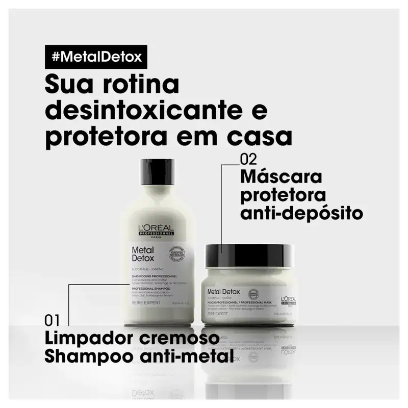 Produtos da linha Metal Detox da L'Oréal Professionnel, incluindo um frasco de shampoo e um pote de máscara, ambos com embalagem branca e preta com detalhes em prata.