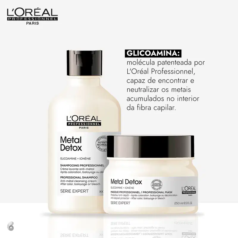 Produtos da linha Metal Detox da L'Oréal Professionnel, incluindo um frasco de shampoo e um pote de máscara, ambos com embalagem branca e preta com detalhes em prata.