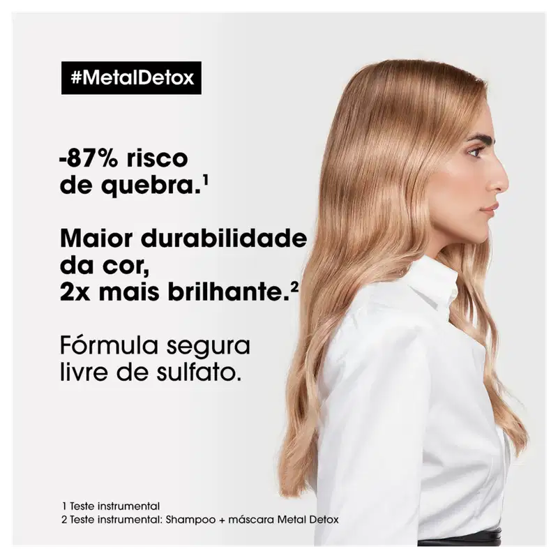Produto de tratamento capilar da L'Oréal Professionnel, com embalagem branca e preta, destacando informações sobre a fórmula livre de sulfato e maior durabilidade da cor, com 2x mais brilho.