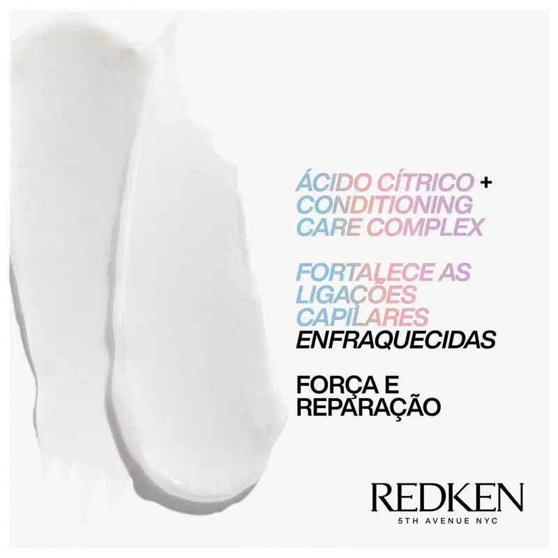 Ácido Cítrico + Conditioning Care Complex", "Fortalece as ligações capilares enfraquecidas", "Força e Reparação". Há um pouco do condicionador na imagem, mostrando a textura.