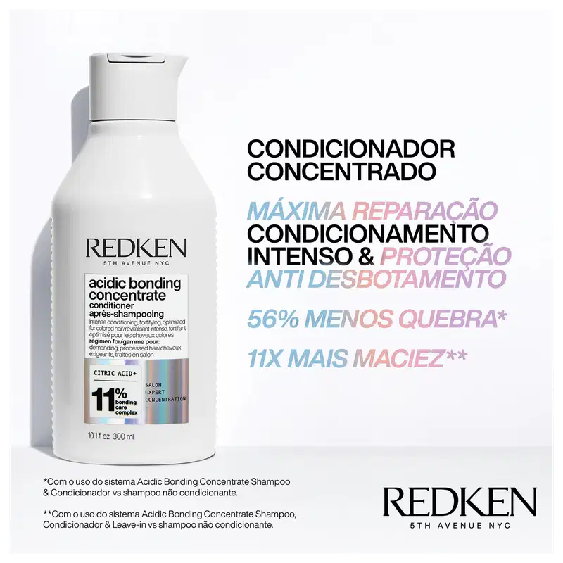 "Máxima Reparação", "Condicionamento Intenso & Proteção" e "Anti Desbotamento". Menciona redução de 56% na quebra dos cabelos e 11 vezes mais maciez com o uso do sistema Acidic Bonding Concentrate.