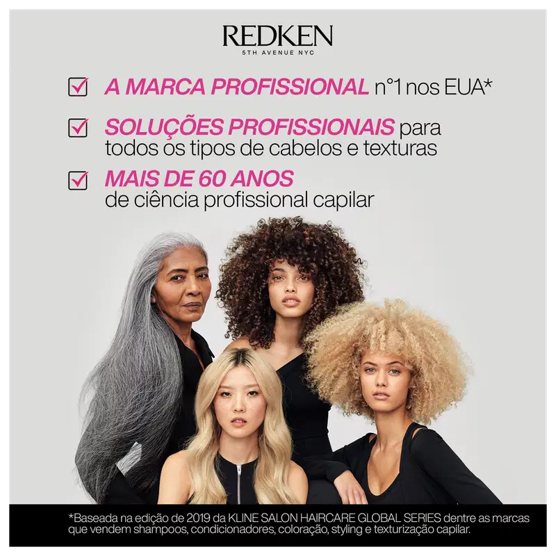 A imagem mostra quatro modelos femininas com diferentes tipos de cabelos - uma com cabelos grisalhos longos e lisos, uma com cabelos loiros e ondulados, uma com cabelos cacheados escuros e uma com cabelos crespos claros.