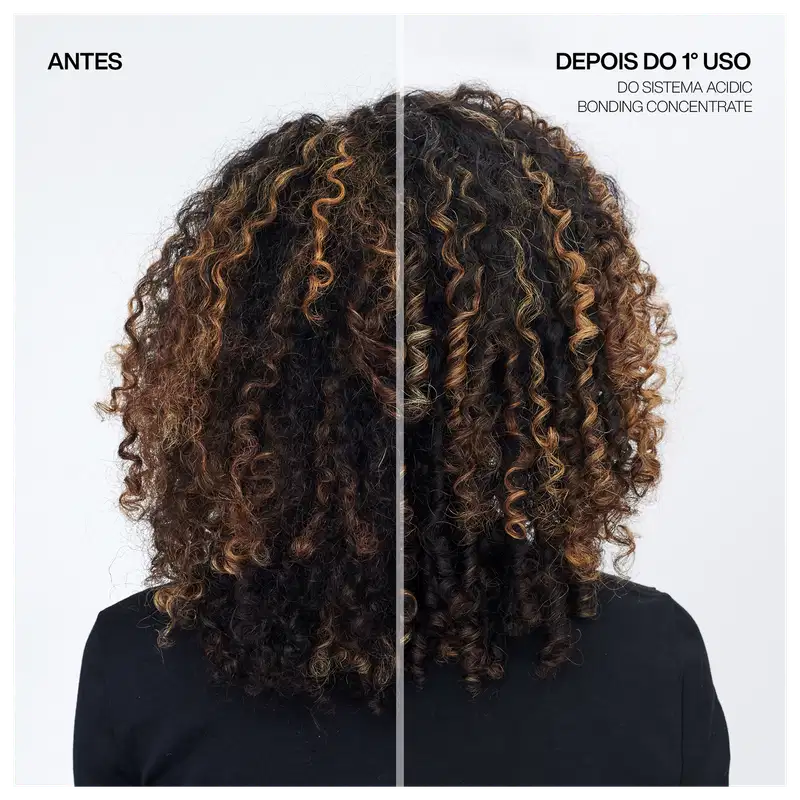 À esquerda, no "Antes", é exibido cabelo muito encaracolado e volumoso, com um aspecto seco e sem brilho. Na parte direita, rotulada como "Após Primeira Aplicação", o mesmo cabelo aparece mais definido, com cachos mais macios e brilhantes.