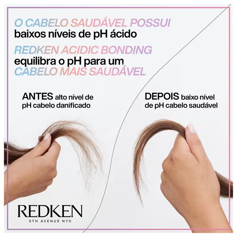 A imagem mostra duas mechas de cabelo sendo seguradas por mãos, uma com cabelo danificado e outra com cabelo saudável. O texto explica que o produto "Redken Acidic Bonding" equilibra o pH do cabelo, deixando-o mais saudável.