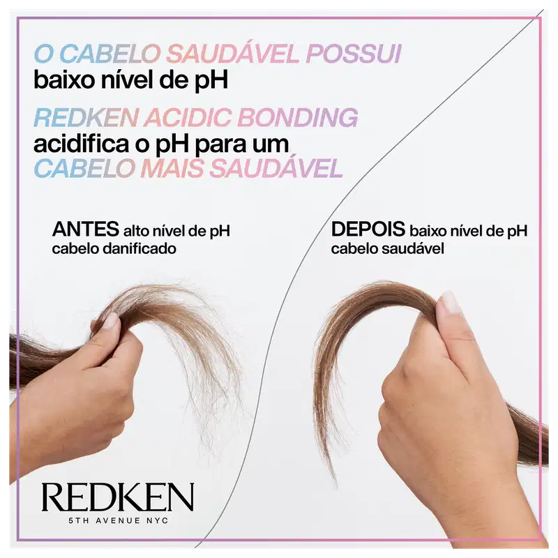 A imagem mostra duas mechas de cabelo sendo seguradas por mãos, uma com cabelo danificado e outra com cabelo saudável. O texto explica que o produto "Redken Acidic Bonding" equilibra o pH do cabelo, deixando-o mais saudável.