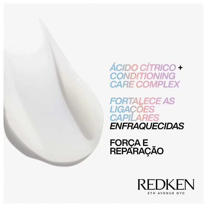 Ácido Cítrico + Conditioning Care Complex", "Fortalece as ligações capilares enfraquecidas", "Força e Reparação". Há um pouco do creme na imagem, mostrando a textura.