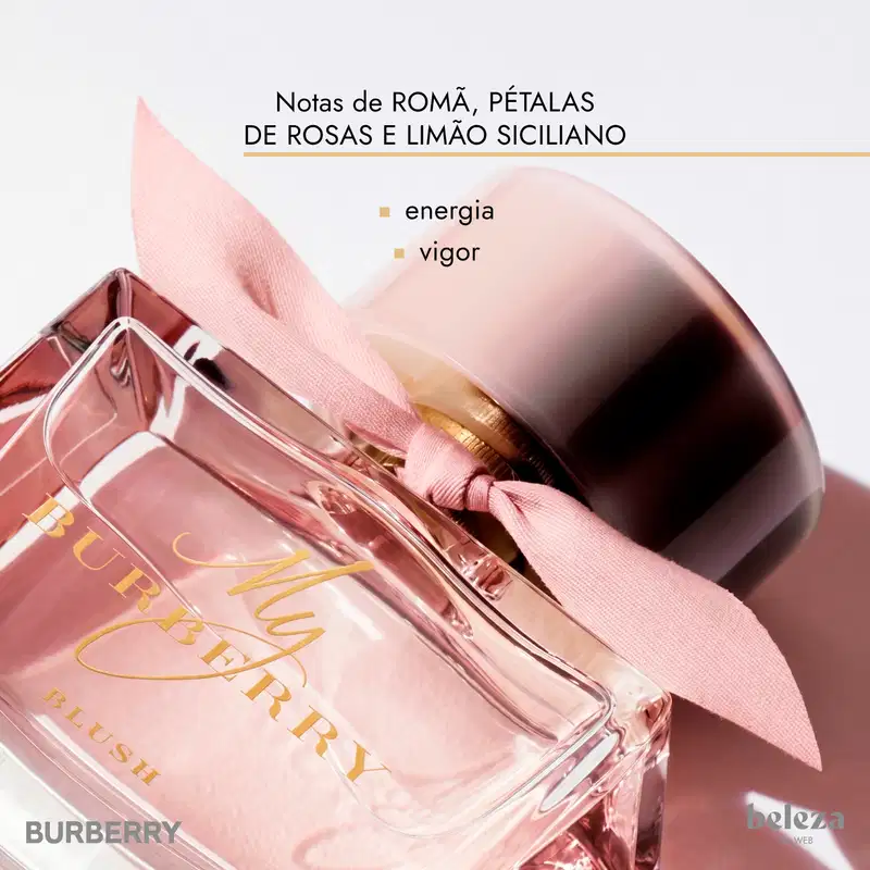 Embalagem de item de perfumaria da marca Burberry com notas de romã, pétalas de rosas e limão siciliano, indicando energia e vigor.