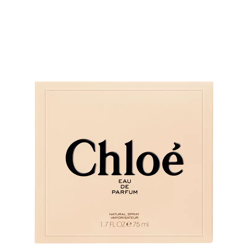 Frasco de perfume Chloé Eau de Parfum em embalagem bege com texto preto destacado. Produto de beleza com design elegante e minimalista, apresentado em recipiente retangular com tampa.