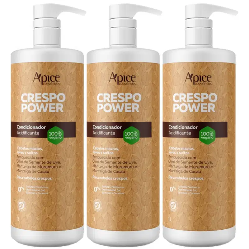 Kit 3 Condicionador Crespo Power Apice Apse Hidratação Cabelo Profissional Limpeza Suave Vegano 1L	