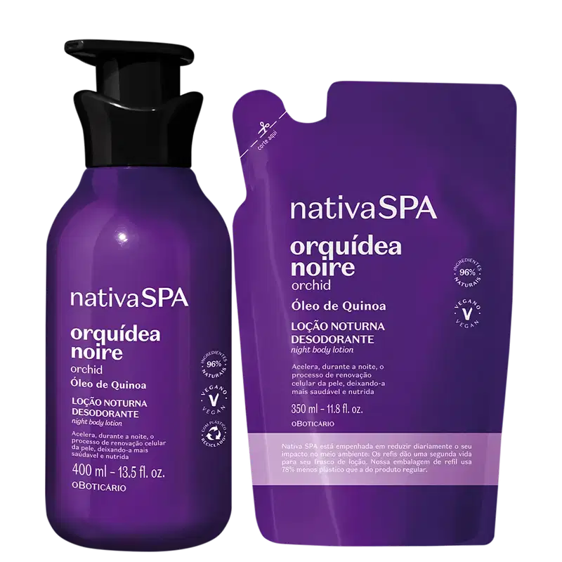 Duas embalagens contendo loção hidratante corporal da marca Nativa SPA Orquídea Noire em roxo, preto, lilás e branco, sendo um frasco de 400ml com bomba dosadora e um refil em sachê de 350ml.