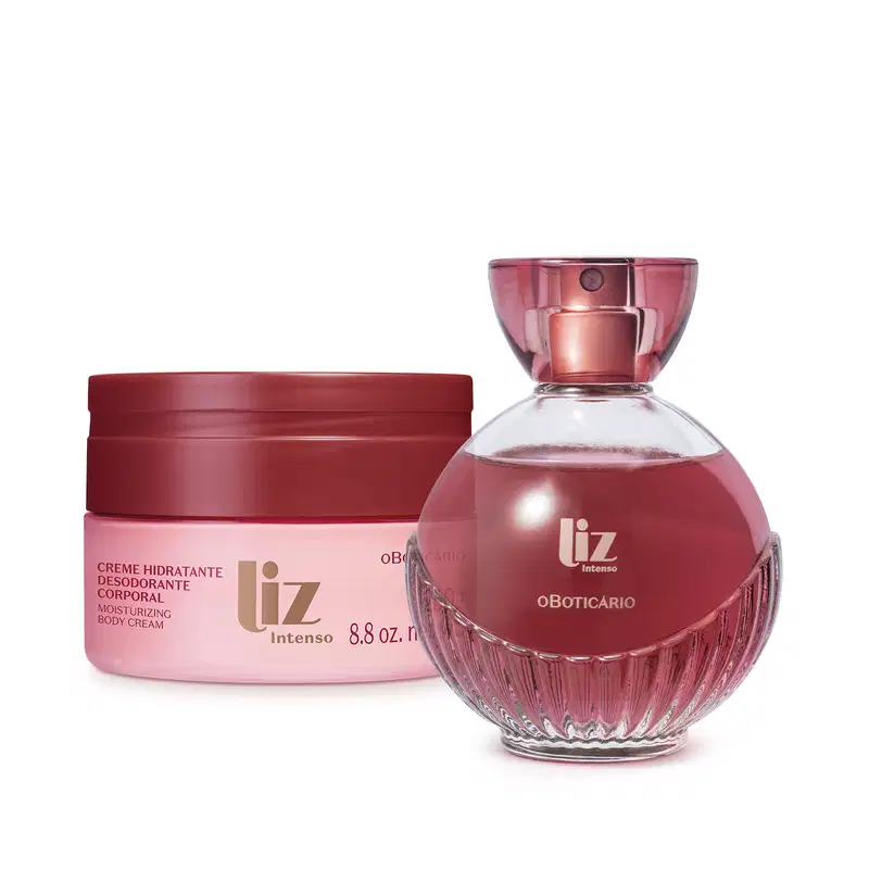 Dois itens da linha Liz Intenso em tons e rosa, vinho e dourado, sendo um frasco arredondado de desodorante colônia e um pote de creme hidratante corporal.