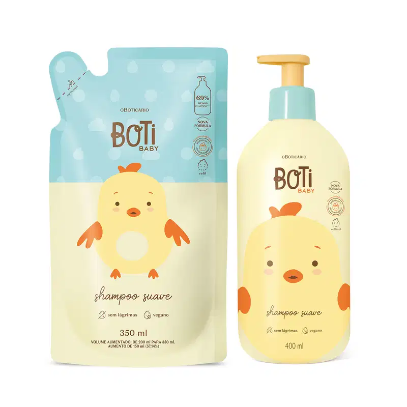Dois itens Boti Baby em embalagens em tons de amarelo, azul e laranja com ilustração de passarinho amarelo, sendo um frasco com bomba dosadora de 400ml de shampoo e um refil em sachê de 350ml.