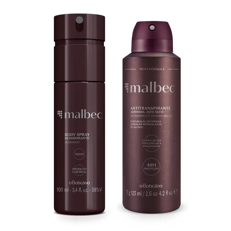 Dois frascos da marca Malbec na cor vinho com letras cinzas, sendo um frasco de body spray e outro frasco de desodorante antitranspirante aerossol.