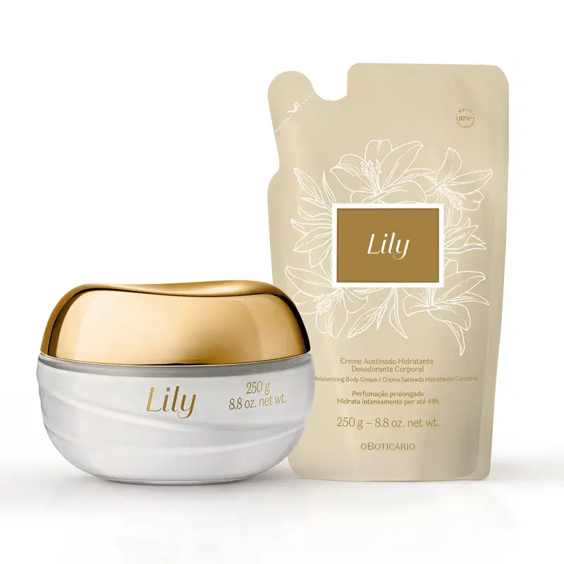 Duas embalagens contendo creme acetinado hidratante desodorante corporal Lily, sendo um pote branco com tampa e letras douradas e um refil em sachê bege com rótulo marrom e dourado.