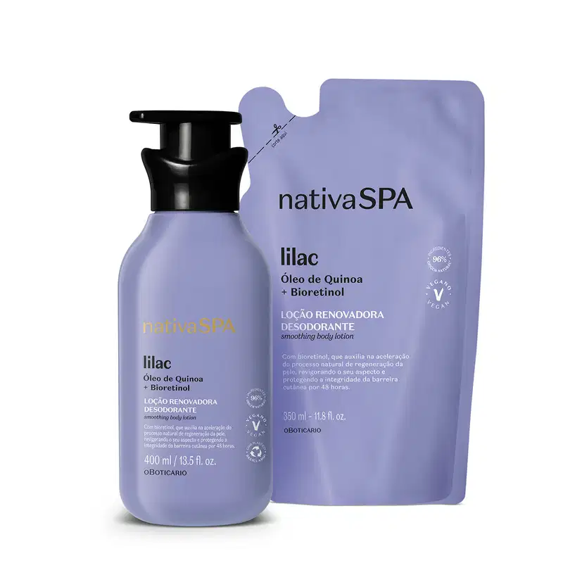 Duas embalagens na cor lilás com letras brancas e pretas contendo loção hidratante corporal da marca Nativa SPA Lilac, sendo um frasco com bomba dosadora preta e um refil em sachê.
