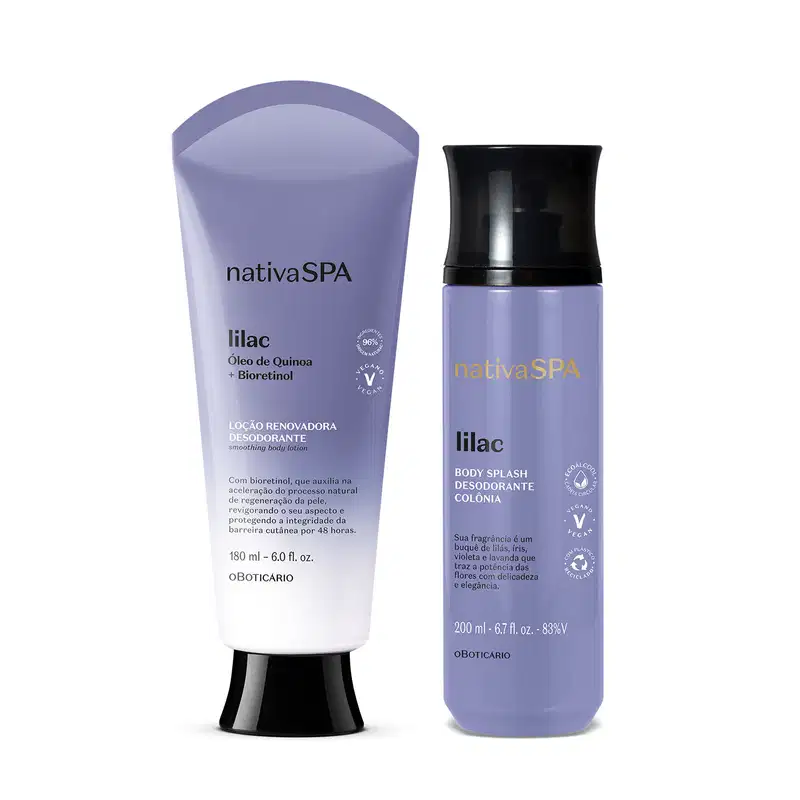 Frasco em degradê de lilás e branco com tampa e letras pretas de loção corporal e frasco lilás de tampa preta e letras brancas e pretas de body splash, ambos da marca Nativa Spa Lilac.