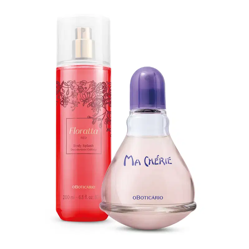 Frasco cilíndrico com líquido rosa, letras vinhos e douradas, pulverizador dourado e tampa branca transparente de body splash Floratta Red e vidro arredondado com líquido claro, tampa e letras azuis de desodorante colônia Ma Chérie.