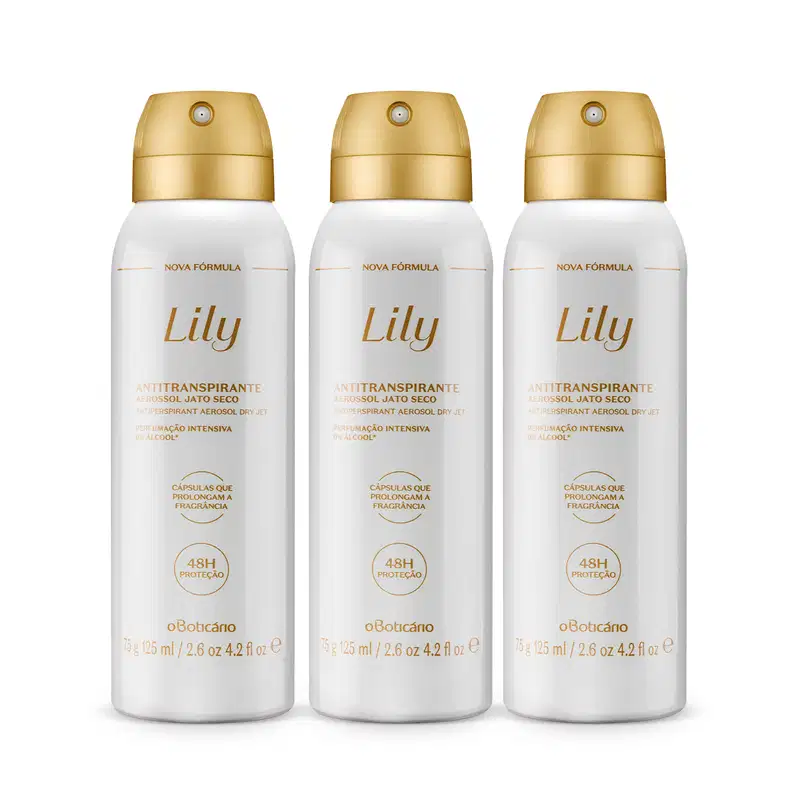 Três frascos brancos com letras e tampas douradas de desodorante antitranspirante aerossol Lily, contendo 125ml em cada um.