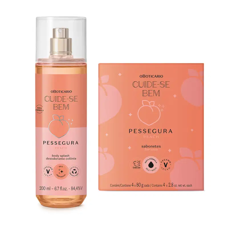Dois itens Cuide-se Bem Pessegura em tons de rosa com pêssego ilustrado no rótulo, sendo um frasco transparente com líquido rosa e pulverizador prateado de body splash e caixa com quatro sabonetes em barra de 80g cada um.
