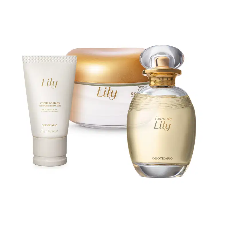 Três produtos da linha Lily em tons de branco, bege, dourado e rose, sendo um vidro ovalado com tampa redonda de desodorante colônia, um frasco tipo bisnaga de creme para as mãos e um pote arredondado de creme acetinado corporal.