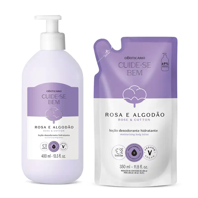 Duas embalagens contendo loção hidratante corporal Cuide-se Bem Rosa e Algodão nas cores branca e lilás com ilustração de uma flor de algodão no rótulo, sendo um frasco com bomba dosadora de 400ml e um refil em sachê de 350ml.