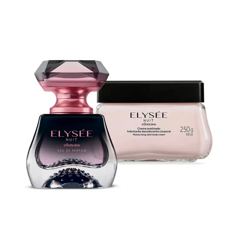 Dois itens da marca Elysée Nuit: vidro com degradê de preto e branco com tampa dourada na forma de um diamante lapidado de Eau de Parfum e um pote com creme branco com tampa e letras pretas de creme acetinado hidratante.