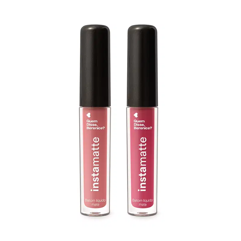 Dois batons líquidos mate Instamatte Quem Disse, Berenice? em tubo transparente para mostrar a cor do produto, tampa preta e letras brancas, sendo o Rosetali na cor rosa médio e o Goiabali na cor rosa vibrante.