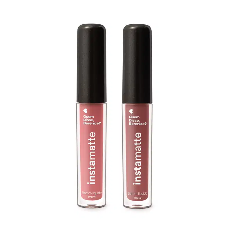 Dois batons líquidos mate Instamatte Quem Disse, Berenice? em tubo transparente para mostrar a cor do produto, tampa preta e letras brancas, sendo o Rosetali na cor rosa e o Castanheli na cor marrom claro.