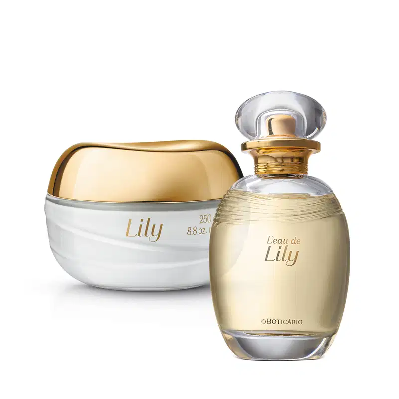 Dois itens da marca L'eau de Lily, sendo um vidro em formato ovalado com líquido bege e tampa dourada de desodorante colônia e um pote com creme branco e tampa dourada de creme acetinado corporal.