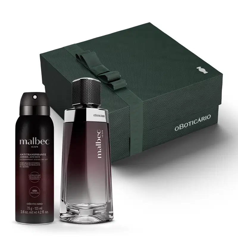 Caixa de presente preta com detalhes prateados e dois itens da marca Malbec Icon, sendo um desodorante colônia em vidro com degradê de preto e branco, detalhe prata e tampa preta e um frasco preto fosco com letras cinza de desodorante aerossol.