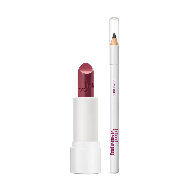 Dois itens da marca Intense Pop em embalagens brancas com letras marrons, sendo um batom na cor rosa e um lápis para os olhos na cor preta.