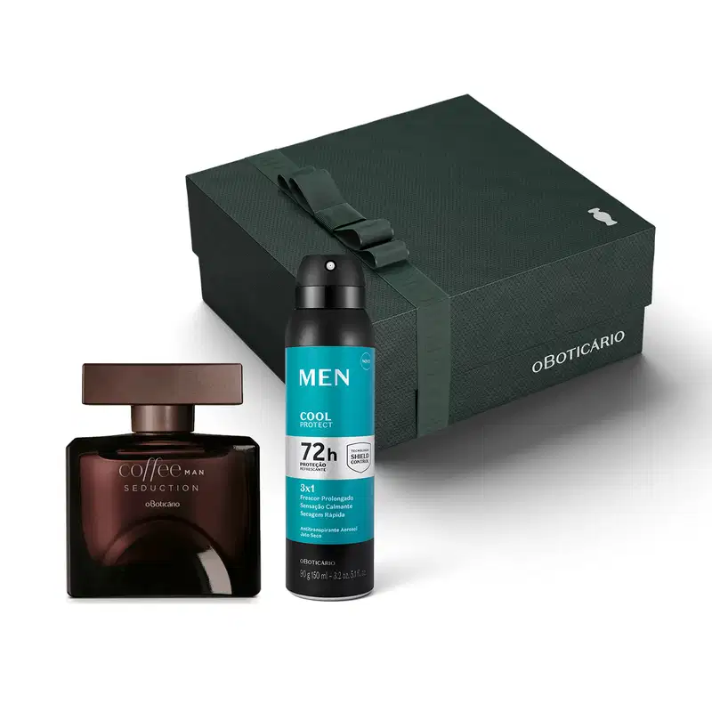 Caixa de presente preta com detalhes prateados, vidro quadrado na cor marrom com tampa em formato geométrico de desodorante colônia Coffee Man Seduction e frasco azul, preto e prata de desodorante aerossol MEN Cool Protect.