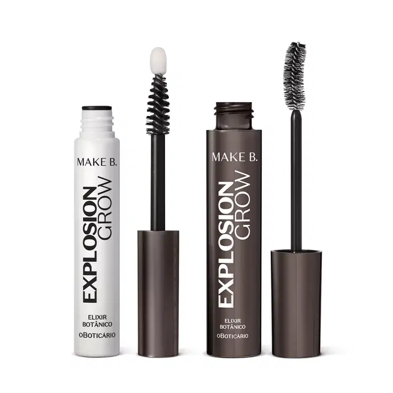 Máscara para cílios em tubo preto com letras brancas e aplicador preto, sérum para cílios e sobrancelhas em tubo branco com letras pretas e aplicador branco, ambos de tampas pretas da marca Explosion Grow Make B. 