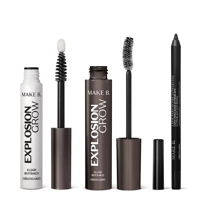 Máscara para cílios em tubo preto com letras brancas e aplicador preto, sérum para cílios e sobrancelhas em tubo branco com letras pretas, ambos de tampas pretas da marca Explosion Grow Make B. e lápis para olhos na cor preta.