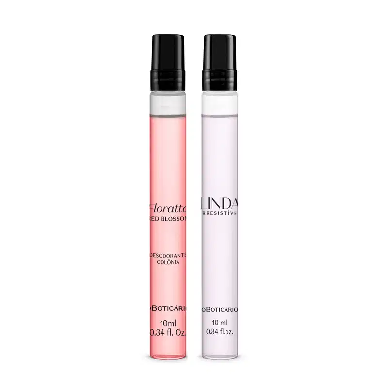 Dois vidros cilíndricos transparentes de tampas pretas com 10ml de desodorante colônia em cada um, sendo um de líquido rosa e letras pretas da marca Floratta Red Blossom e outro com líquido azul claro e letras pretas da marca Linda Irresistível.