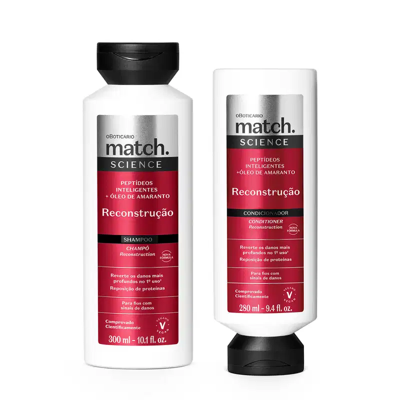 Dois itens da marca Match Science Reconstrução em embalagem branca com tampa preta e rótulo vermelho, preto e prateado, sendo um de 300ml de shampoo e outro de 280ml de condicionador.