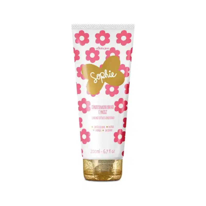 Bisnaga branca com estampa de flores na cor rosa e tampa rosa escura contendo 200ml de condicionador da marca Sophie. 