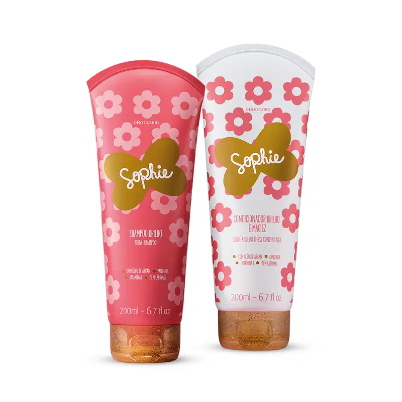 Duas bisnagas de 200ml com estampas de flores da marca Sophie, sendo uma toda rosa de shampoo e uma branca e rosa de condicionador.