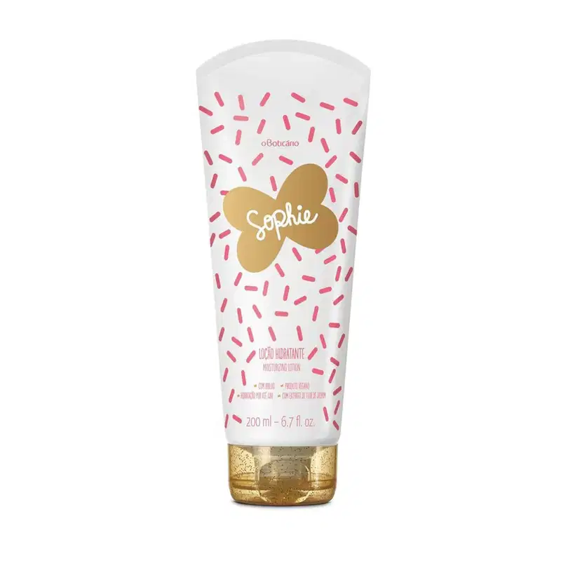 Bisnaga branca com estampa de risquinhos vermelhos e borboleta rosa de loção corporal da marca Sophie.
