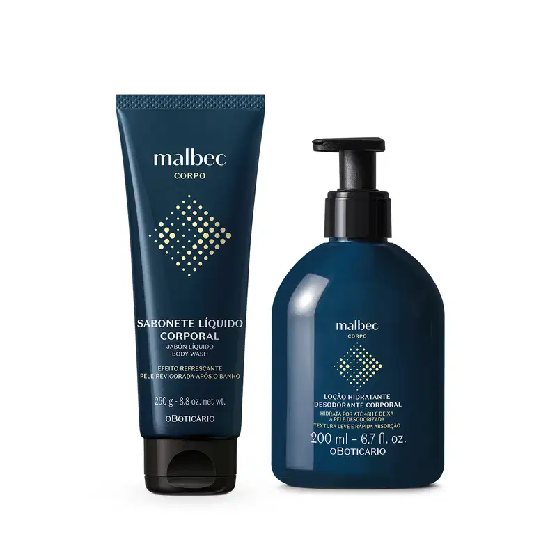 Produtos de higiene corporal Malbec. Um frasco de loção hidratante corporal desodorante de 200 ml, em embalagem plástica azul escura. Um sabonete líquido corporal de 250 g, em embalagem plástica azul escura.