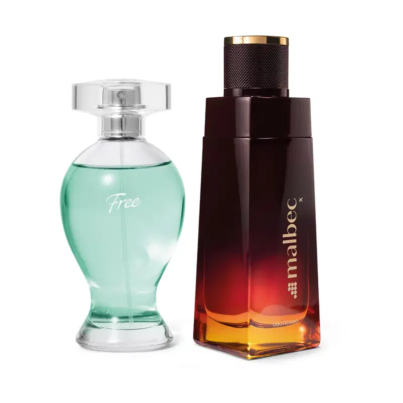 Vidro curvilíneo com líquido azul, pulverizador prateado e tampa transparente com 100ml de desodorante colônia Boticollection Free e frasco com degradê de vinho para dourado e tampa preta com 100ml de desodorante colônia Malbec.