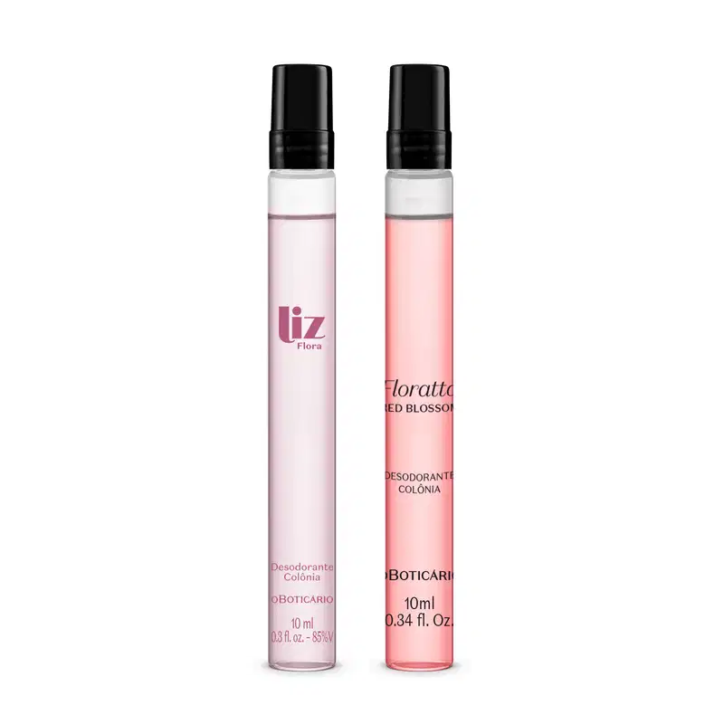 Dois vidros cilíndricos transparentes de tampas pretas com 10ml de desodorante colônia em cada um, sendo um de líquido azulado e letras vinho da marca Liz Flora e outro com líquido rosa e letras pretas da marca Floratta Red Blossom.
