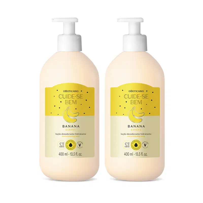 Dois frascos brancos com bomba dosadora e rótulo em tons de amarelo com ilustração de bananas contendo 400ml de loção hidratante corporal Cuide-se Bem Feira Banana.